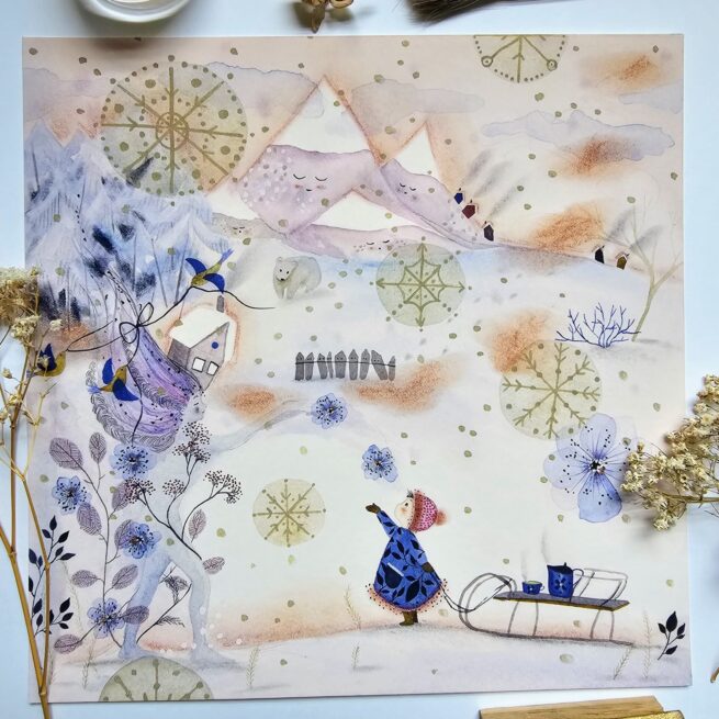 Umetniška grafika ”Roza Zima” 23x23 - Image 2